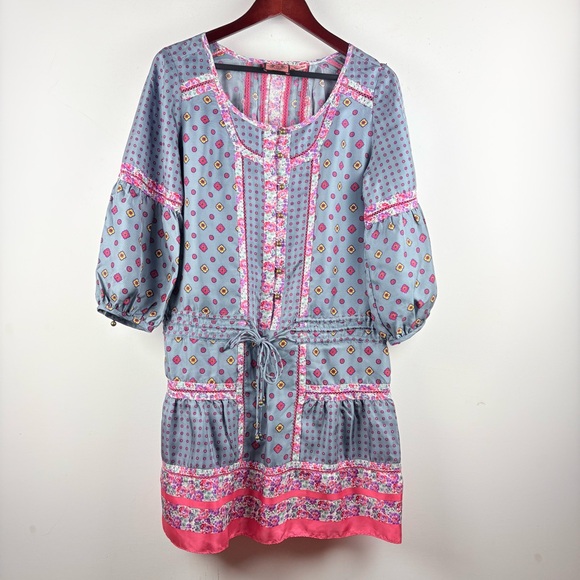 Vintage Juicy Couture 2000s Floral Satin Silk Dress Gold Boho Festival Sz 8 Y2K - Picture 2 of 9